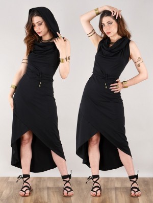 Toonzshop Onyxx Hooded Asymmetric Midi Dress Kleid Damen Schwarz | 7346EXAHW