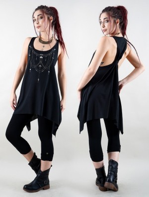 Toonzshop Paalayan Printed Knotted Sleeveless Tunic Oberteile Damen Schwarz Silber | 2817KSBMC