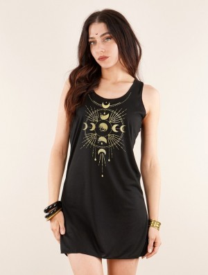 Toonzshop Phase Lune Printed Sleeveless Short Dress Kleid Damen Schwarz Gold | 6583RBNIP