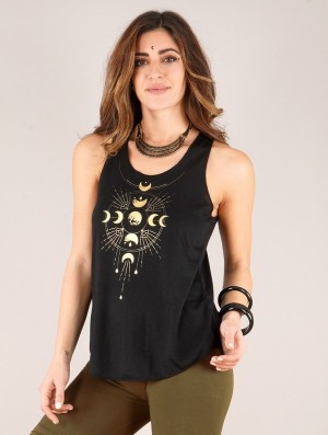 Toonzshop Phase Lune Printed Tank Top Tanktop Damen Schwarz Gold | 4659BGPRI