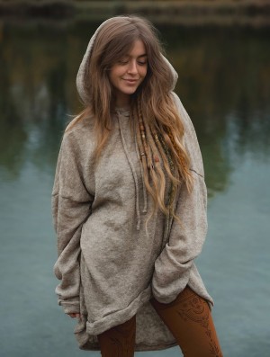 Toonzshop Rashmi Oversized Long Hooded Jumper Pullover Damen Beige | 4091QZFPI