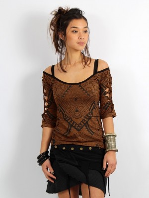 Toonzshop Sedna Africa Cut Out Braided Back And 3/4 Sleeve Printed Top BHs Damen Braun | 9034XHOZV