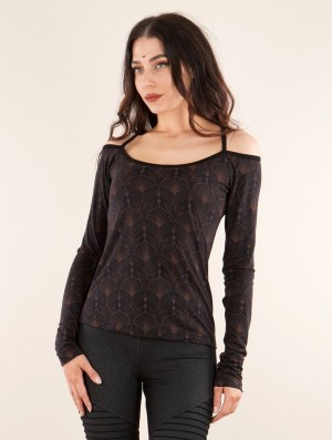 Toonzshop Sedna Peafowl Long Sleeved Printed Top Oberteile Damen Schwarz | 3758YPMTC