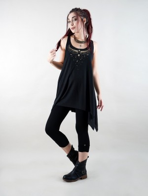 Toonzshop Sitaara Printed Knotted Sleeveless Tunic Oberteile Damen Schwarz Gold | 5983DFOBQ