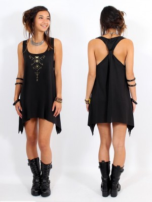 Toonzshop Skadja Printed Knotted Sleeveless Tunic Kleid Damen Schwarz Gold | 9061PXUEH