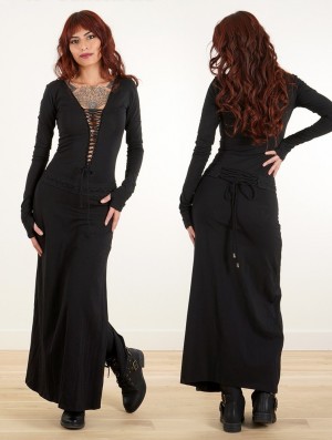 Toonzshop Valkyrie Lace-up Split Long Dress Kleid Damen Schwarz | 1860IAXZD