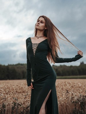 Toonzshop Valkyrie Lace-up Split Long Dress Kleid Damen Pfauen | 4195IFBXY