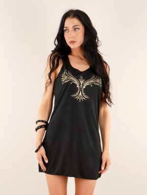 Toonzshop Vinga Printed Sleeveless Short Dress Kleid Damen Schwarz Gold | 6079LOJPA
