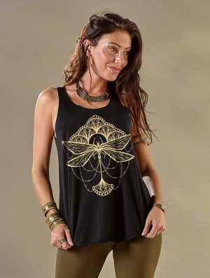 Toonzshop Waia Dragonfly Printed Tank Top Tanktop Damen Schwarz Gold | 8249YOEIU