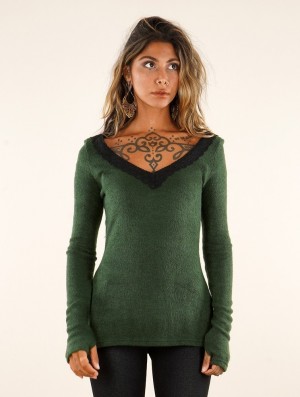 Toonzshop Ysälys Reversible Crochet-neck Sweater Pullover Damen Grün | 5091GSRQK